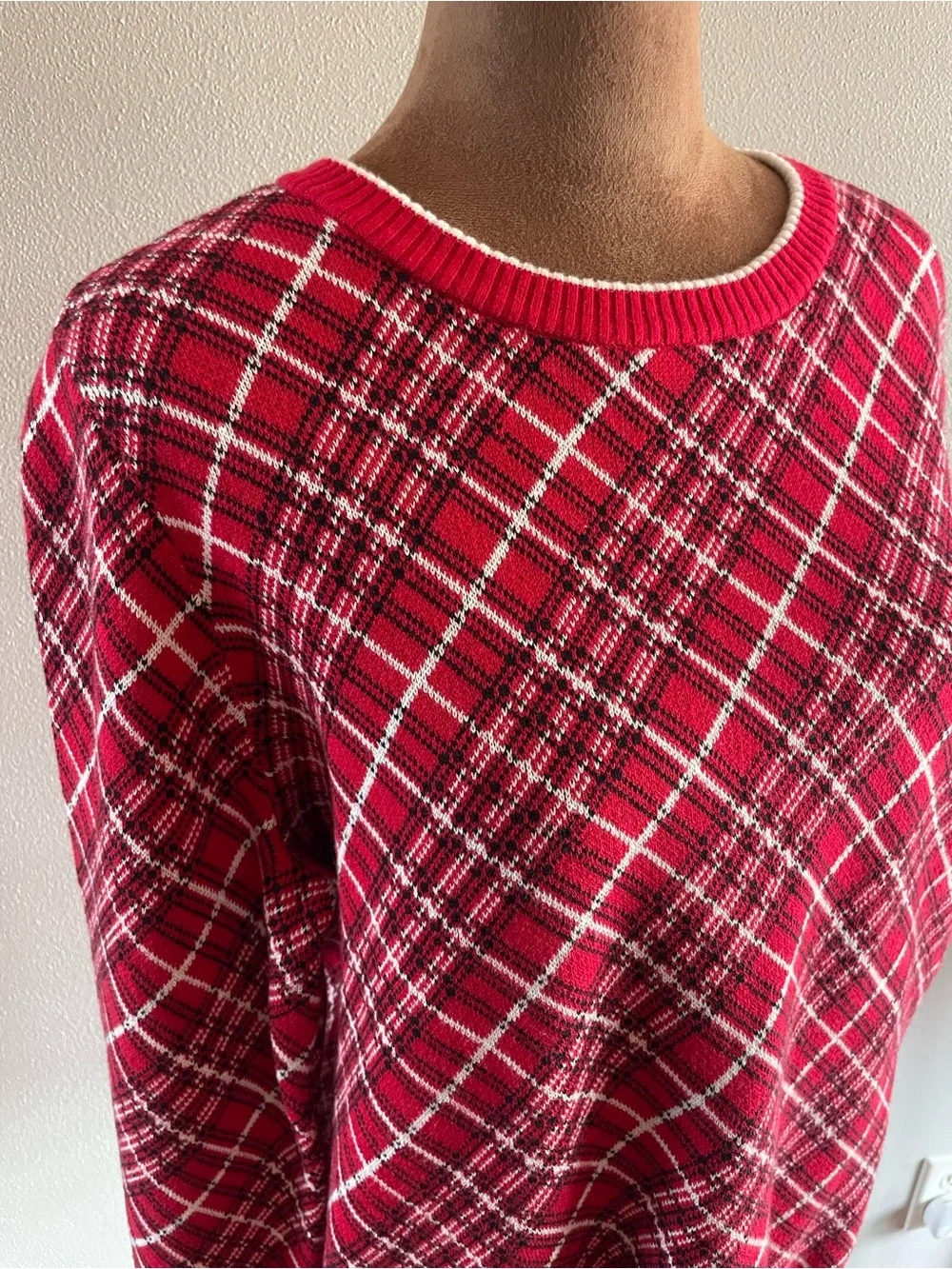 Lands' End Red Plaid Crewneck Sweater